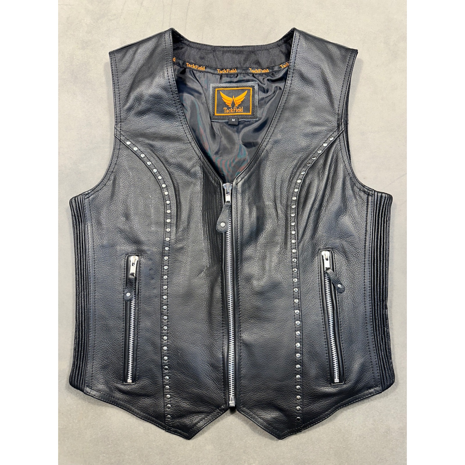 Tackfield Mens Or Women's Black Leather Motorcycle Vest Studded Zip Front Bike M